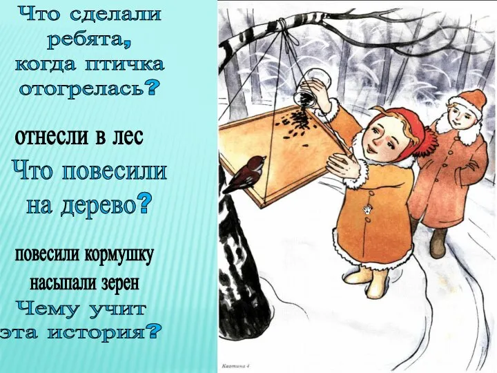 Что сделали ребята, когда птичка отогрелась? Что повесили на дерево? отнесли в