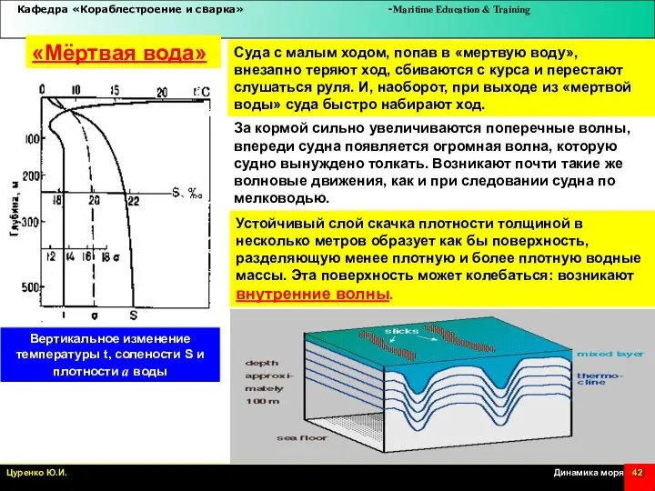 Вертикальное изменение температуры t, солености S и плотности а воды Устойчивый слой