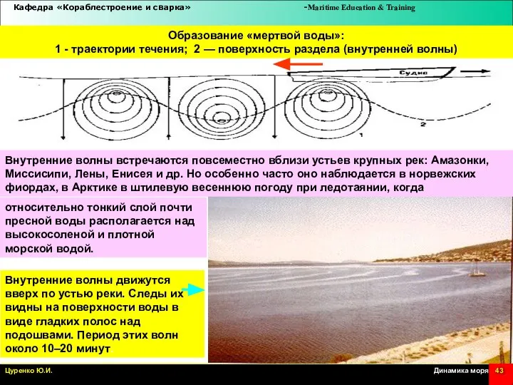 Внутренние волны движутся вверх по устью реки. Следы их видны на поверхности