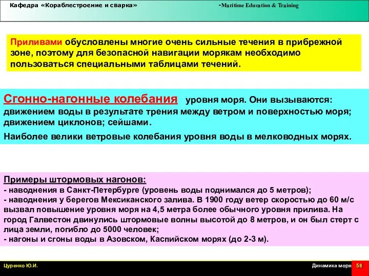 Сгонно-нагонные колебания уровня моря. Они вызываются: движением воды в результате трения между