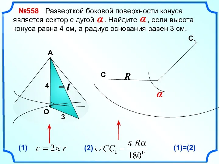 А 3 (1)=(2) = l Разверткой боковой поверхности конуса является сектор с