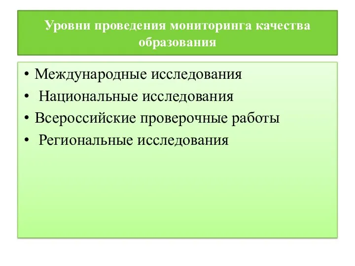 Уровни проведения мониторинга качества образования Международные исследования Национальные исследования Всероссийские проверочные работы Региональные исследования