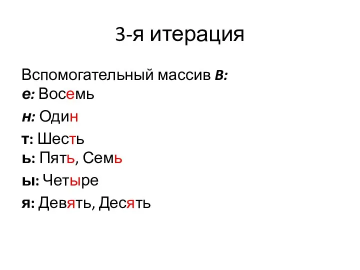 3-я итерация Вспомогательный массив B: е: Восемь н: Один т: Шесть ь: