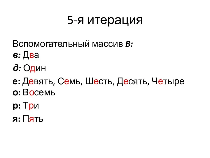 5-я итерация Вспомогательный массив B: в: Два д: Один е: Девять, Семь,