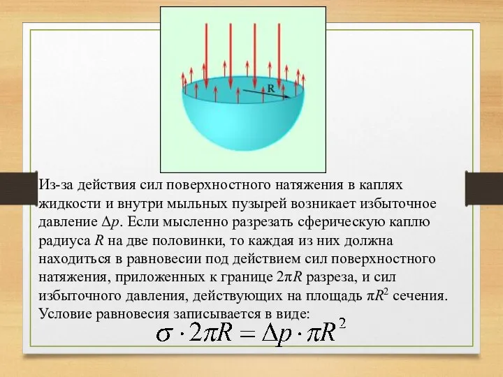 Из-за действия сил поверхностного натяжения в каплях жидкости и внутри мыльных пузырей