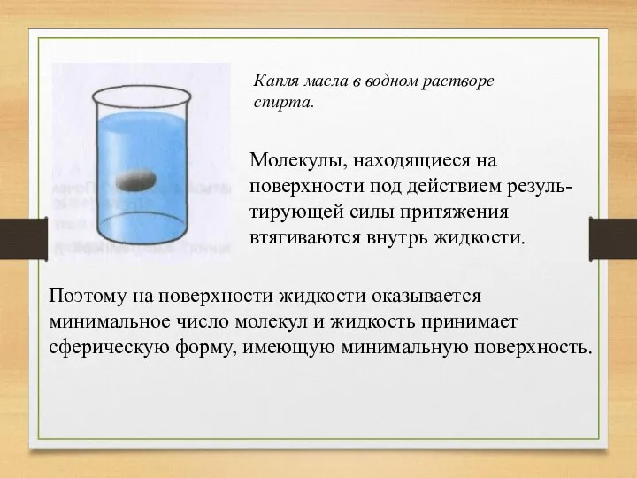 Капля масла в водном растворе спирта. Молекулы, находящиеся на поверхности под действием