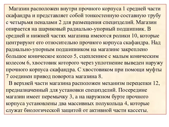 Магазин расположен внутри прочного корпуса 1 средней части скафандра и представляет собой