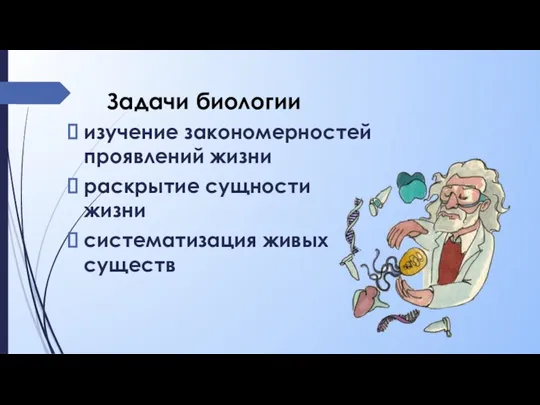 Задачи биологии изучение закономерностей проявлений жизни раскрытие сущности жизни систематизация живых существ