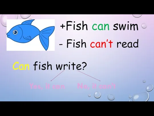 +Fish can swim - Fish can’t read Can fish write? Yes, it can No, it can’t