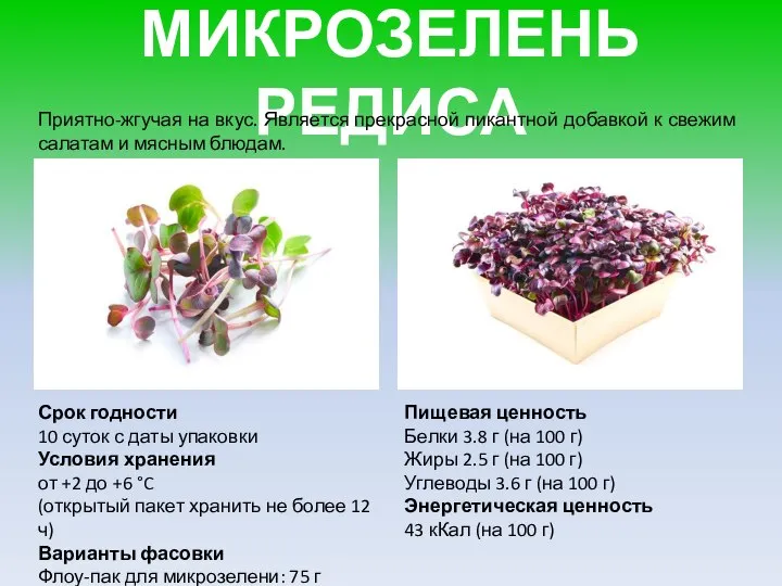 МИКРОЗЕЛЕНЬ РЕДИСА Приятно-жгучая на вкус. Является прекрасной пикантной добавкой к свежим салатам