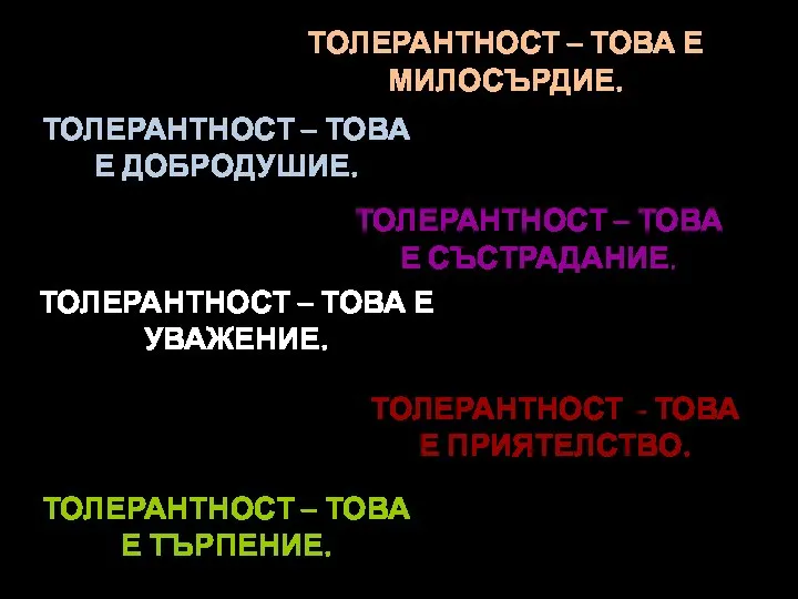 ТОЛЕРАНТНОСТ – ТОВА Е МИЛОСЪРДИЕ. ТОЛЕРАНТНОСТ – ТОВА Е ДОБРОДУШИЕ. ТОЛЕРАНТНОСТ –