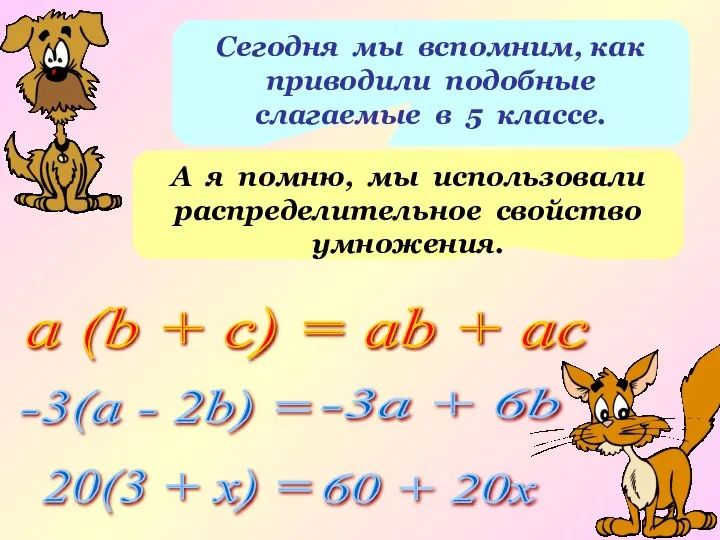 Сегодня мы вспомним, как приводили подобные слагаемые в 5 классе. А я