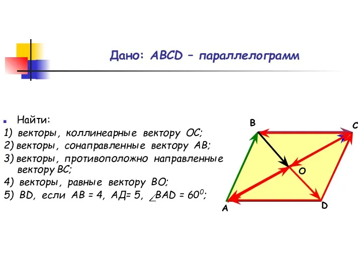 Дано: АВСD – параллелограмм Найти: 1) векторы, коллинеарные вектору ОС; 2) векторы,