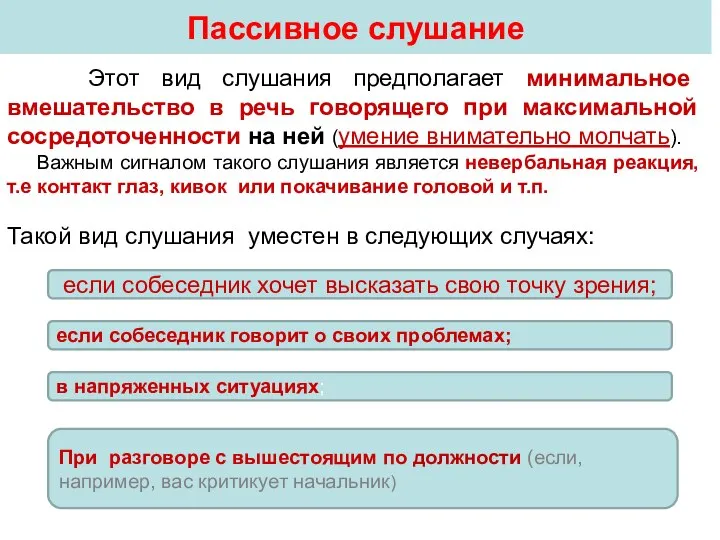 Пассивное слушание Этот вид слушания предполагает минимальное вмешательство в речь говорящего при