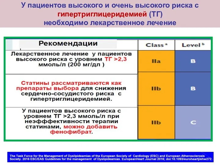 У пациентов высокого и очень высокого риска с гипертриглицеридемией (ТГ) необходимо лекарственное лечение