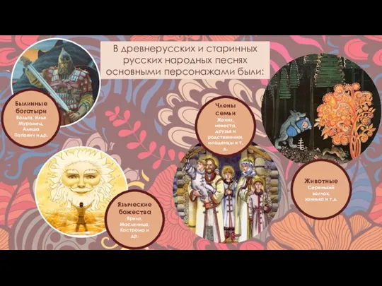 В древнерусских и старинных русских народных песнях основными персонажами были: Былинные богатыри