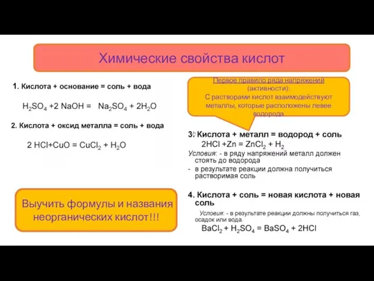 Химические свойства кислот Выучить формулы и названия неорганических кислот!!! Первое правило ряда