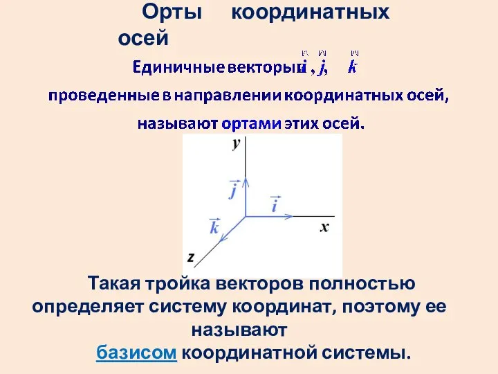 Орты координатных осей Такая тройка векторов полностью определяет систему координат, поэтому ее называют базисом координатной системы.