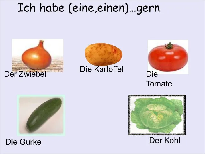 Ich habe (eine,einen)…gern Der Zwiebel Die Kartoffel Die Tomate Die Gurke Der Kohl