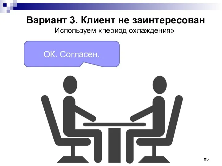 ОК. Согласен. Вариант 3. Клиент не заинтересован Используем «период охлаждения»