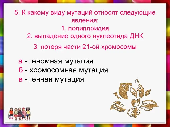 5. К какому виду мутаций относят следующие явления: 1. полиплоидия 2. выпадение