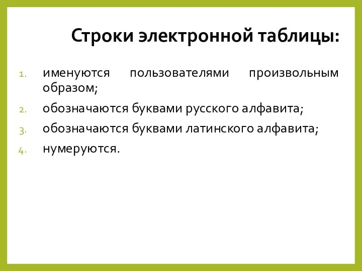 Строки электронной таблицы: именуются пользователями произвольным образом; обозначаются буквами русского алфавита; обозначаются буквами латинского алфавита; нумеруются.