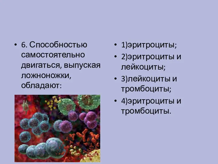 6. Способностью самостоятельно двигаться, выпуская ложноножки, обладают: 1)эритроциты; 2)эритроциты и лейкоциты; 3)лейкоциты