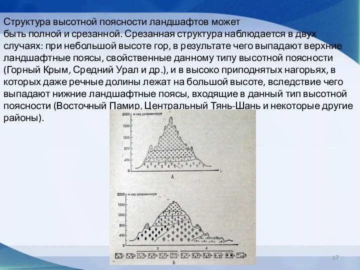 Структура высотной поясности ландшафтов может быть полной и срезанной. Срезанная структура наблюдается