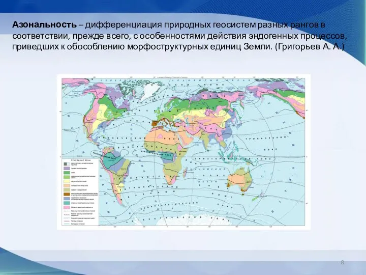 Азональность – дифференциация природных геосистем разных рангов в соответствии, прежде всего, с