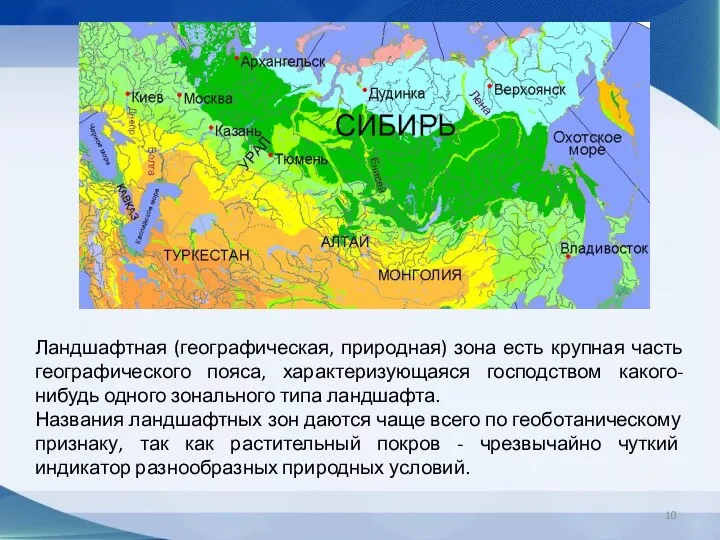 Ландшафтная (географическая, природная) зона есть крупная часть географического пояса, характеризующаяся господством какого-нибудь