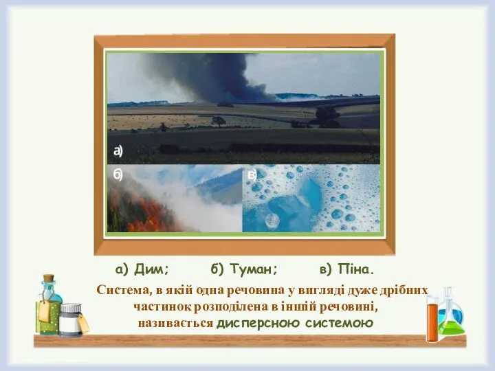 а) Дим; б) Туман; в) Піна. Система, в якій одна речовина у