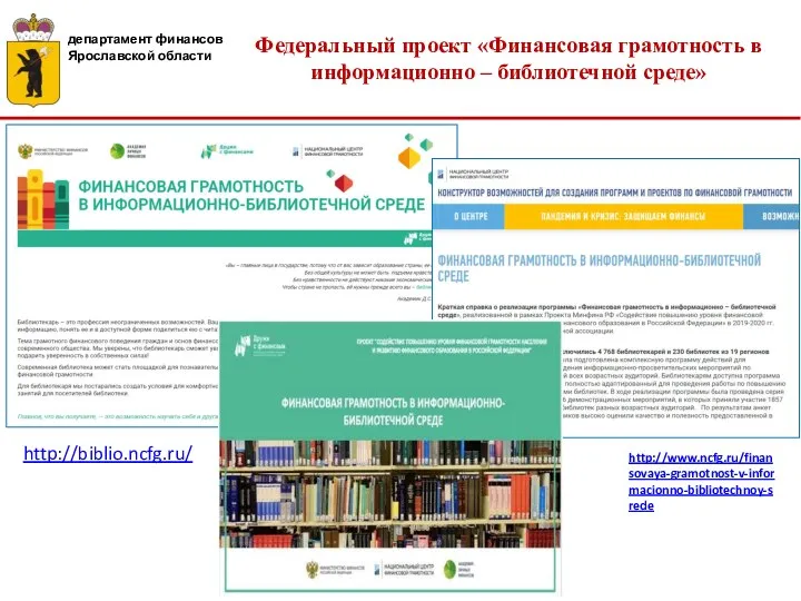 Федеральный проект «Финансовая грамотность в информационно – библиотечной среде» http://biblio.ncfg.ru/ http://www.ncfg.ru/finansovaya-gramotnost-v-informacionno-bibliotechnoy-srede