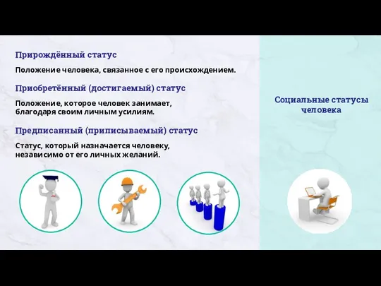 Социальные статусы человека Прирождённый статус Положение человека, связанное с его происхождением. Приобретённый