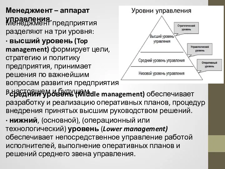 Менеджмент – аппарат управления. · средний уровень (Middle management) обеспечивает разработку и