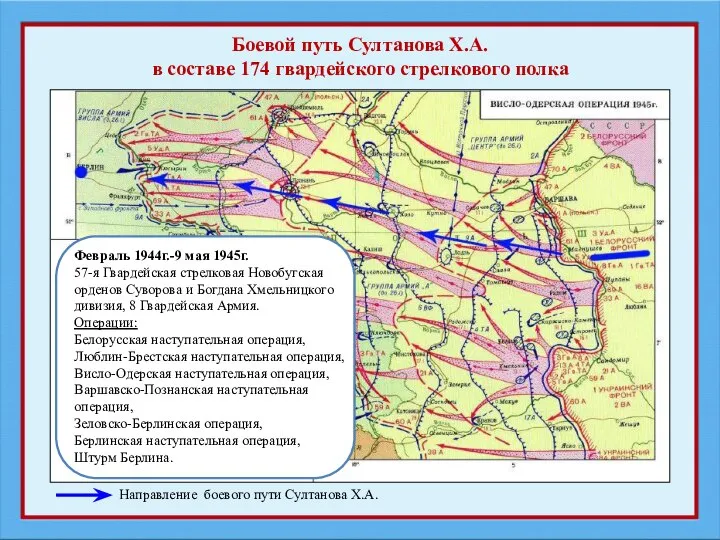 Боевой путь Султанова Х.А. в составе 174 гвардейского стрелкового полка Направление боевого