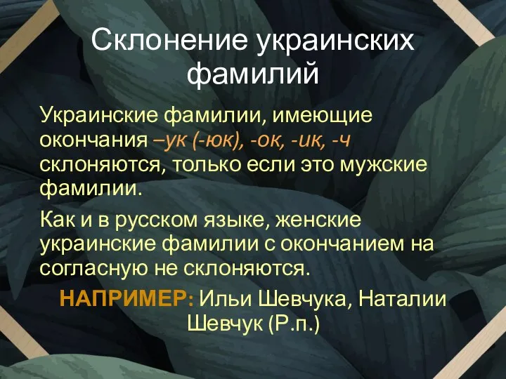 Склонение украинских фамилий Украинские фамилии, имеющие окончания –ук (-юк), -ок, -ик, -ч