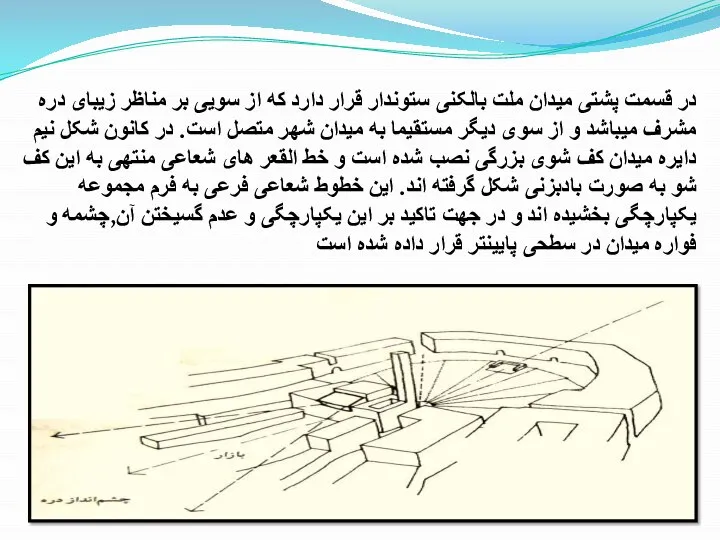 در قسمت پشتی میدان ملت بالکنی ستوندار قرار دارد که از سویی