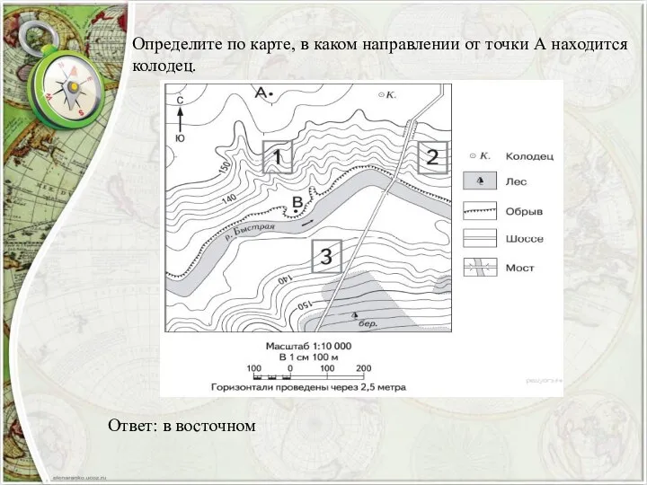 Определите по карте, в каком направлении от точки А находится колодец. Ответ: в восточном