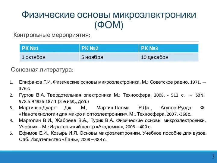 Физические основы микроэлектроники (ФОМ) Контрольные мероприятия: Основная литература: Епифанов Г.И. Физические основы