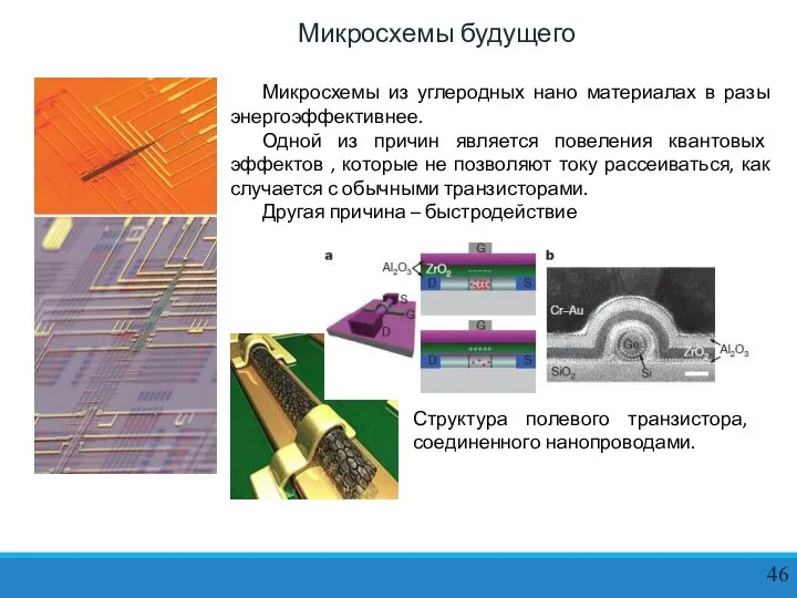 Микросхемы будущего Микросхемы из углеродных нано материалах в разы энергоэффективнее. Одной из