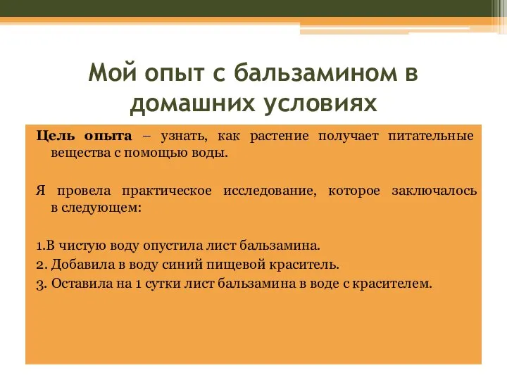 Мой опыт с бальзамином в домашних условиях Цель опыта – узнать, как