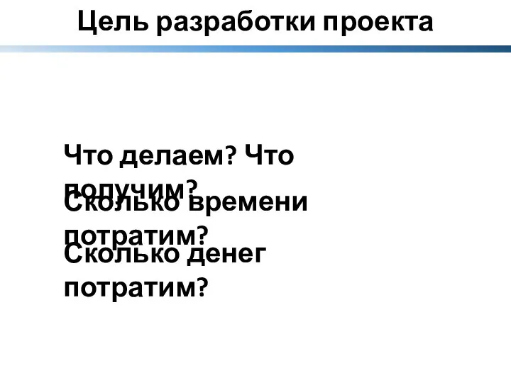 Цель разработки проекта Что делаем? Что получим? Сколько времени потратим? Сколько денег потратим?