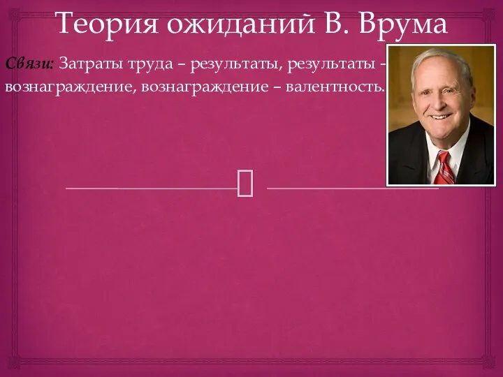 Теория ожиданий В. Врума Связи: Затраты труда – результаты, результаты – вознаграждение, вознаграждение – валентность.