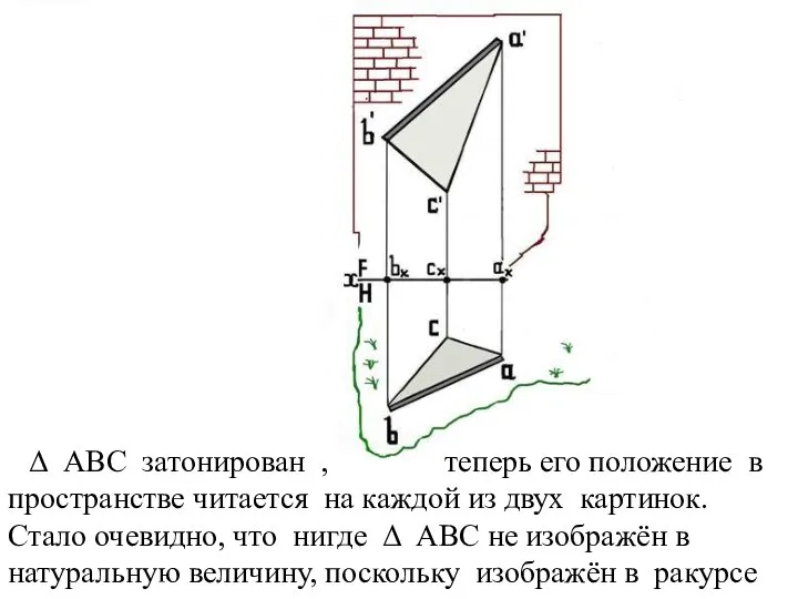 Δ АВС затонирован , теперь его положение в пространстве читается на каждой