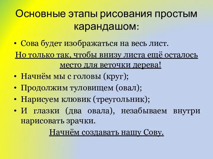 Основные этапы рисования простым карандашом: Сова будет изображаться на весь лист. Но