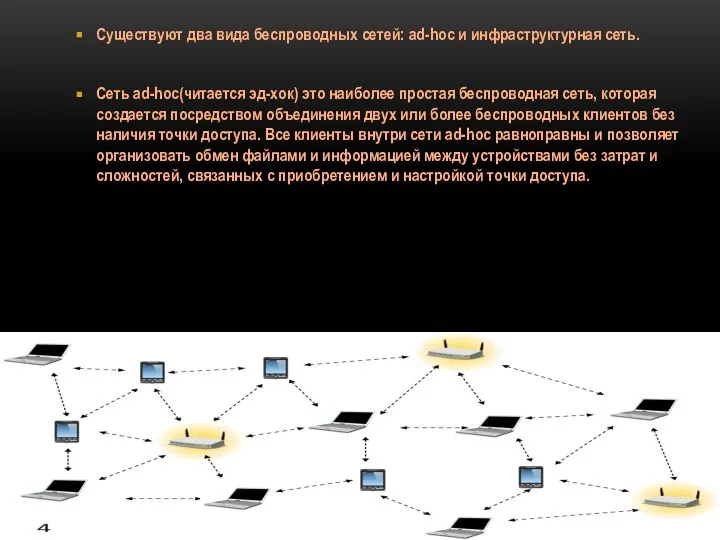 Существуют два вида беспроводных сетей: ad-hoc и инфраструктурная сеть. Сеть ad-hoc(читается эд-хок)