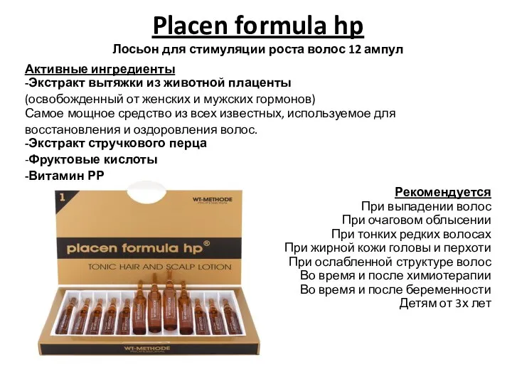 Placen formula hp Лосьон для стимуляции роста волос 12 ампул Активные ингредиенты