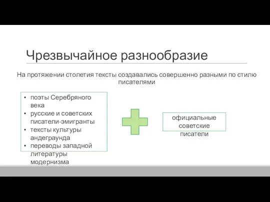 Чрезвычайное разнообразие На протяжении столетия тексты создавались совершенно разными по стилю писателями