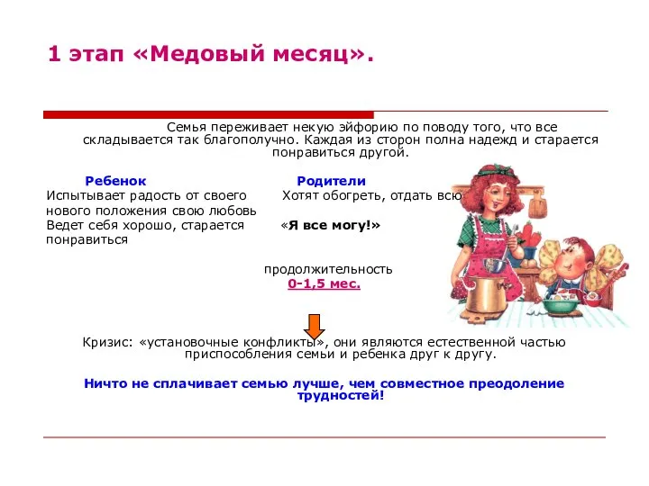 1 этап «Медовый месяц». Семья переживает некую эйфорию по поводу того, что