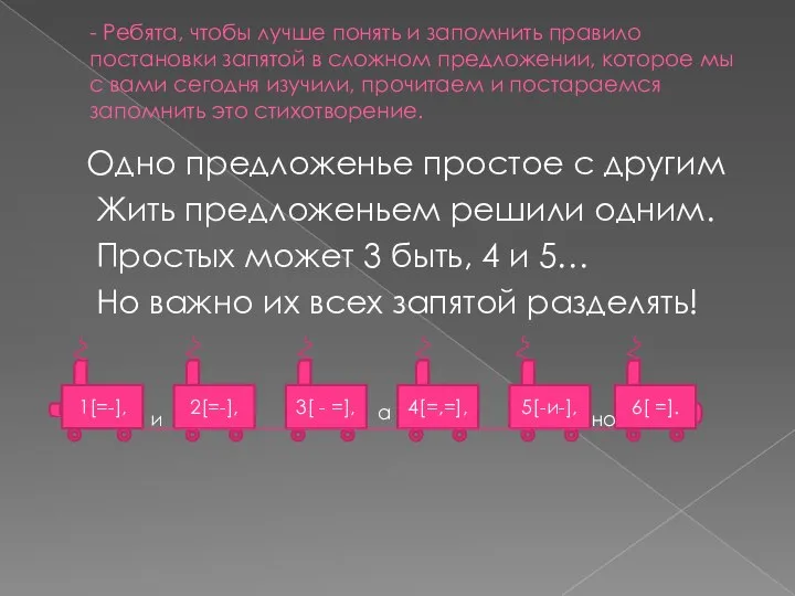 - Ребята, чтобы лучше понять и запомнить правило постановки запятой в сложном